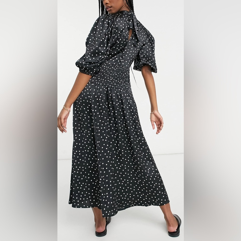 ASOS Black Polka Dot Puff Sleeve Midi Dress - Picture 2 of 8
